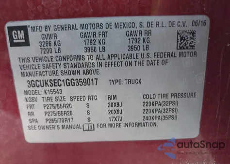 2016 Chevrolet Silverado 1500 2Lz from USA, damaged, VIN 3GCUKSEC1GG359017